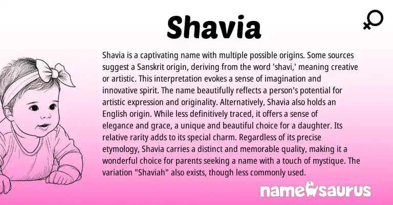 Infographic about Shavia name meaning, Shavia is a name from Indian, Sanskrit origin(s).