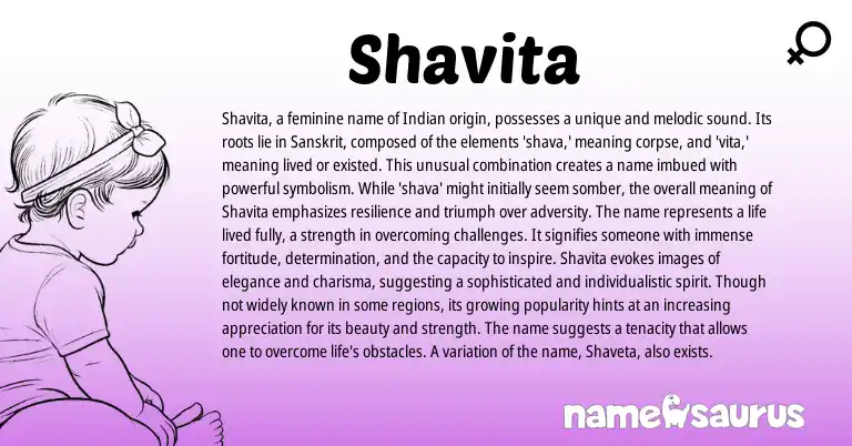 Infographic about Shavita name meaning, Shavita is a name from Indian, Sanskrit, American origin(s).