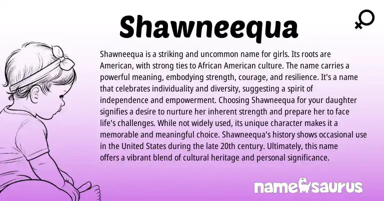 Infographic about Shawneequa name meaning, Shawneequa is a name from African, American origin(s).
