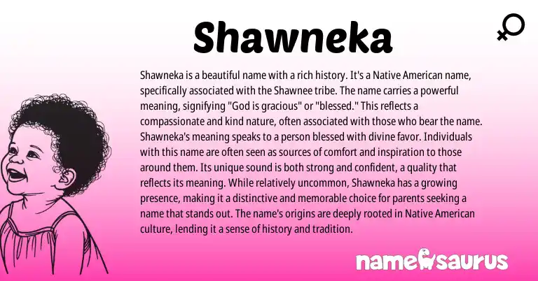 Infographic about Shawneka name meaning, Shawneka is a name from American origin(s).