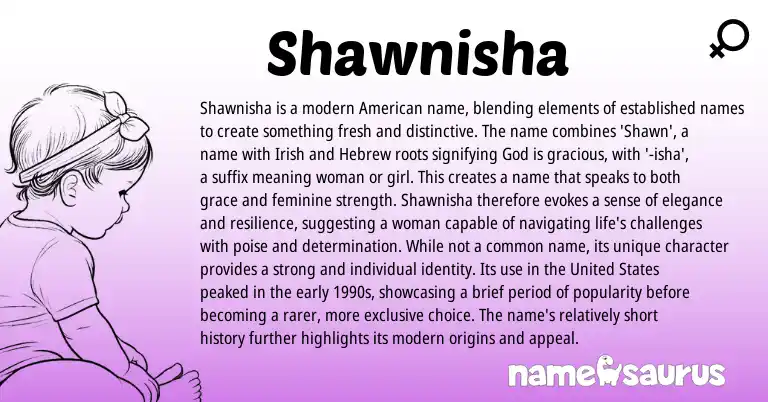 Infographic about Shawnisha name meaning, Shawnisha is a name from American origin(s).