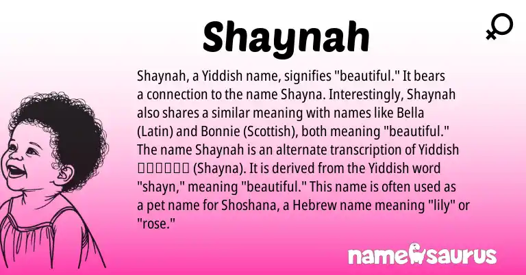 Infographic about Shaynah name meaning, Shaynah is a name from Yiddish, Latin, Scottish, Hebrew origin(s).