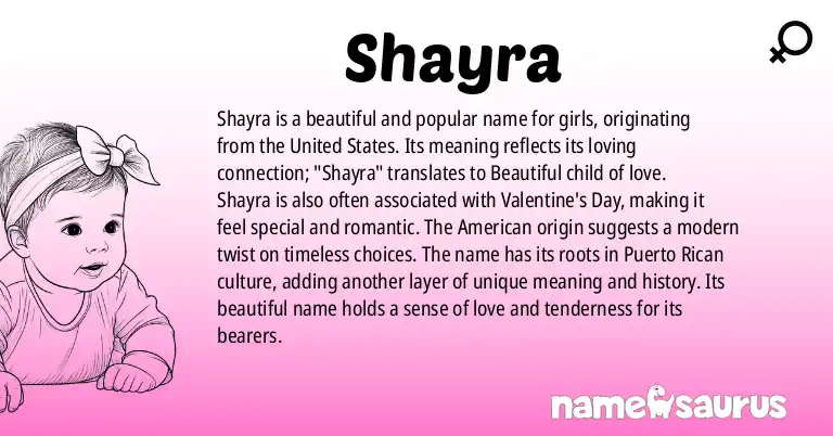 Infographic about Shayra name meaning, Shayra is a name from American origin(s).