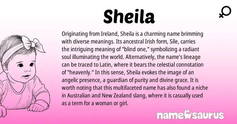 Infographic about Sheila name meaning, Sheila is a name from Irish, Ireland, Australian, New Zealand, Latin origin(s).