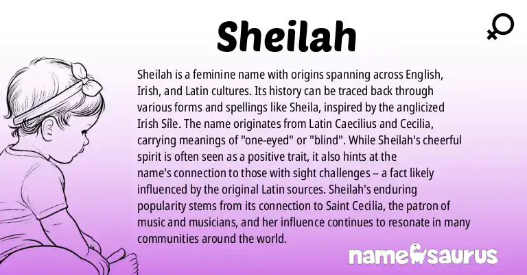 Infographic about Sheilah name meaning, Sheilah is a name from English, Irish, Latin origin(s).