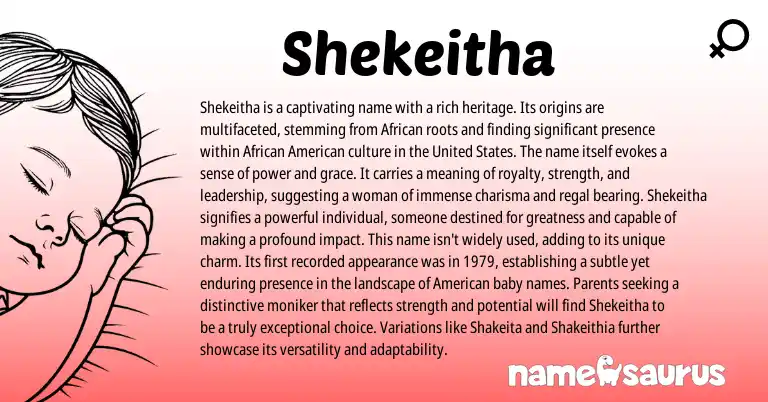 Infographic about Shekeitha name meaning, Shekeitha is a name from African origin(s).