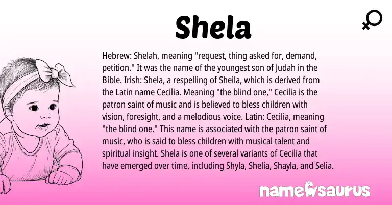 Infographic about Shela name meaning, Shela is a name from Irish, Latin, Hebrew origin(s).