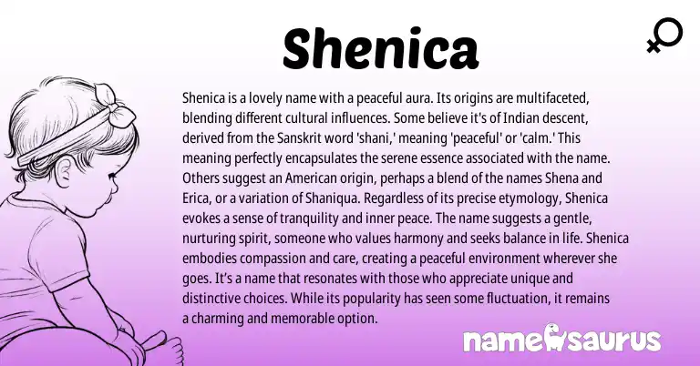 Infographic about Shenica name meaning, Shenica is a name from Indian, Sanskrit origin(s).