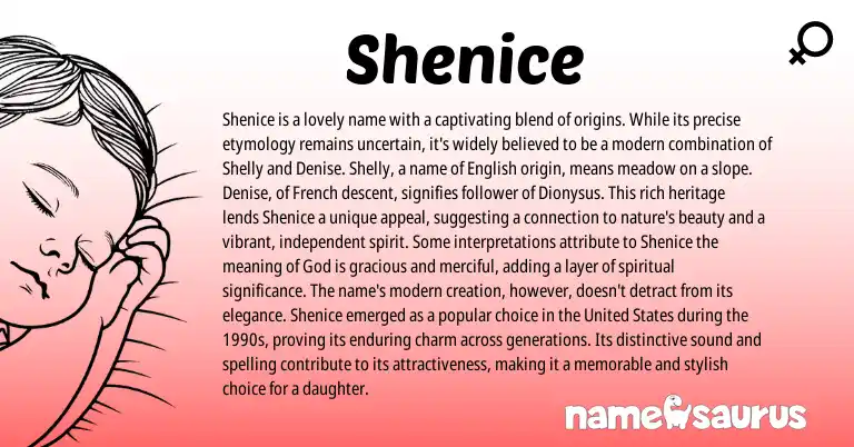 Infographic about Shenice name meaning, Shenice is a name from Jamaican, French, English, American origin(s).