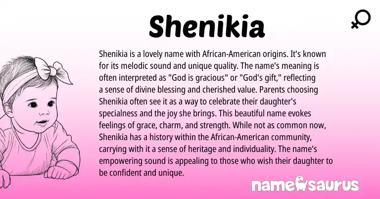 Infographic about Shenikia name meaning, Shenikia is a name from American, African origin(s).