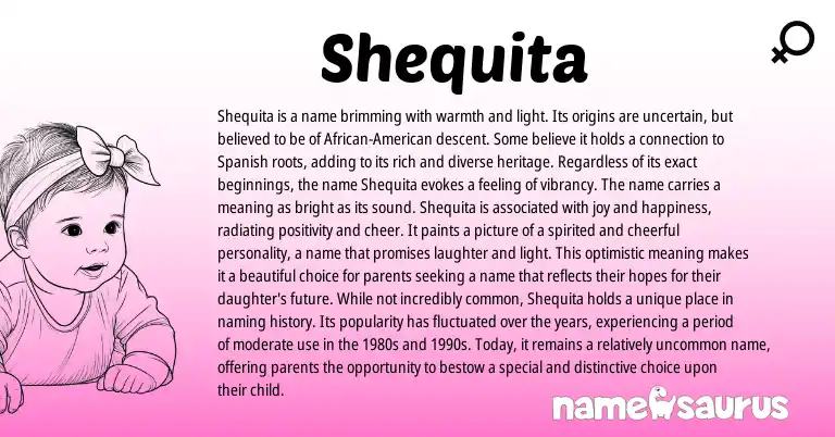 Infographic about Shequita name meaning, Shequita is a name from Spanish origin(s).