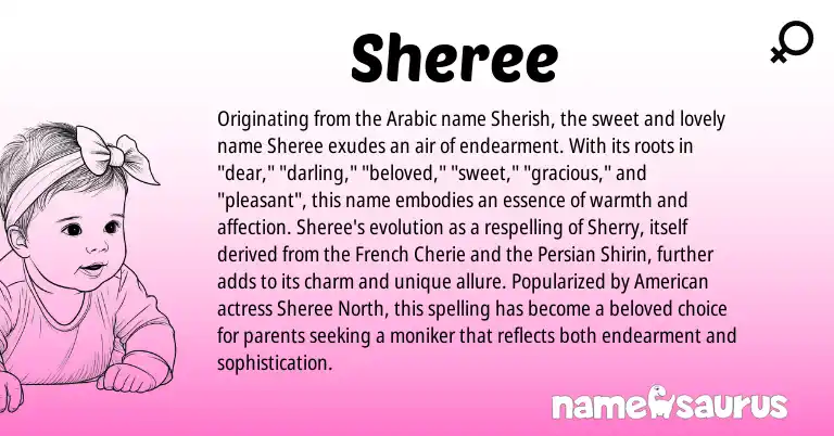 Infographic about Sheree name meaning, Sheree is a name from Persian, French, Arabic, American origin(s).
