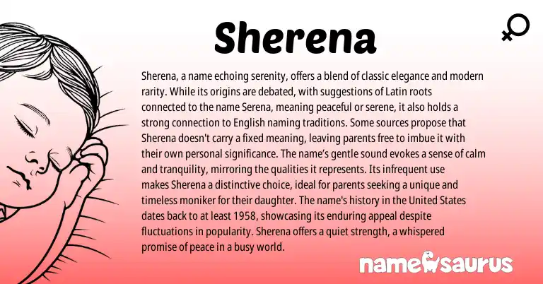 Infographic about Sherena name meaning, Sherena is a name from Latin origin(s).