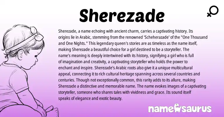 Infographic about Sherezade name meaning, Sherezade is a name from Persian, Arabic origin(s).