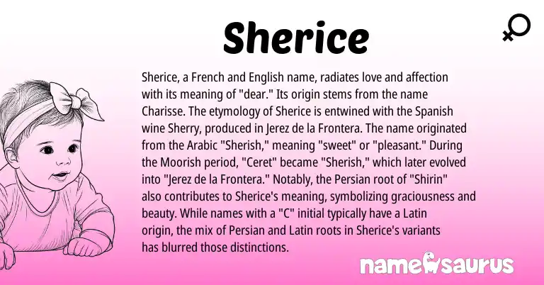 Infographic about Sherice name meaning, Sherice is a name from Spanish, English, French, Arabic, Persian, Latin origin(s).