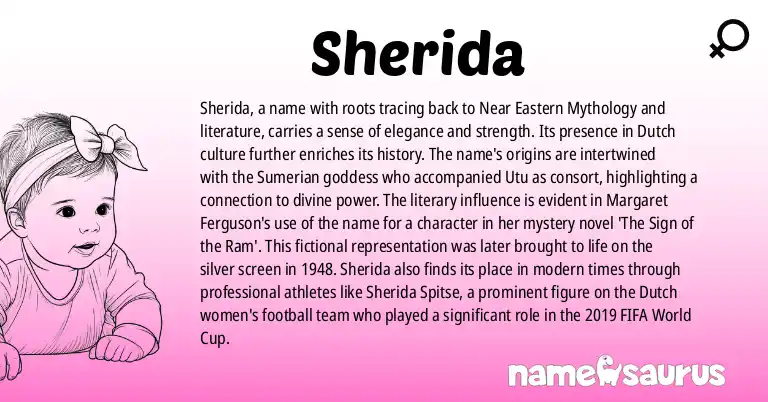 Infographic about Sherida name meaning, Sherida is a name from Near Eastern Mythology, Dutch, Literature, Popular Culture origin(s).