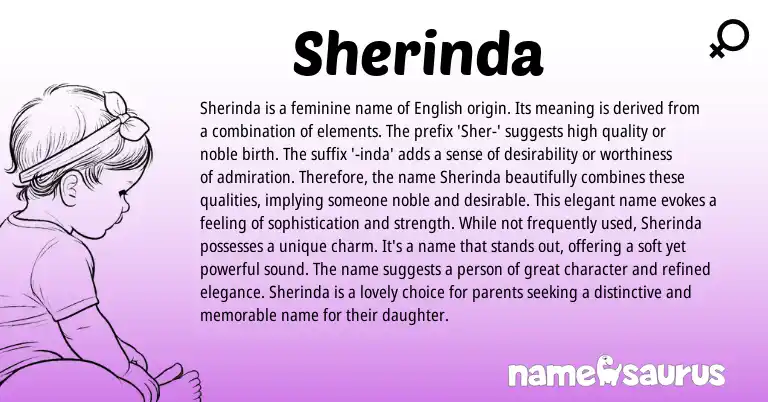 Infographic about Sherinda name meaning, Sherinda is a name from English, American origin(s).