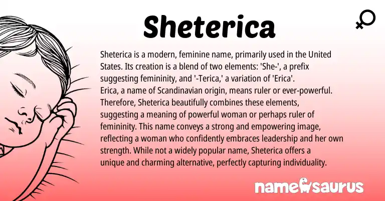Infographic about Sheterica name meaning, Sheterica is a name from Scandinavian, American origin(s).