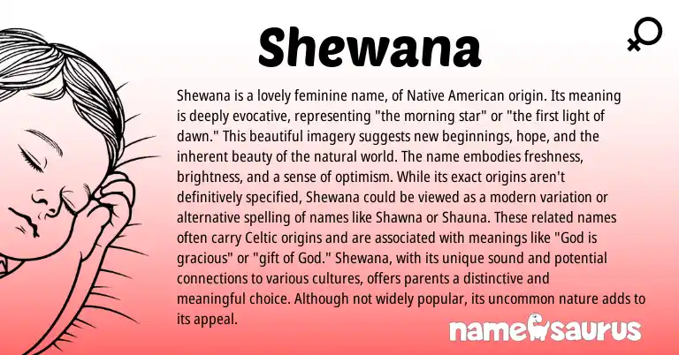 Infographic about Shewana name meaning, Shewana is a name from American origin(s).