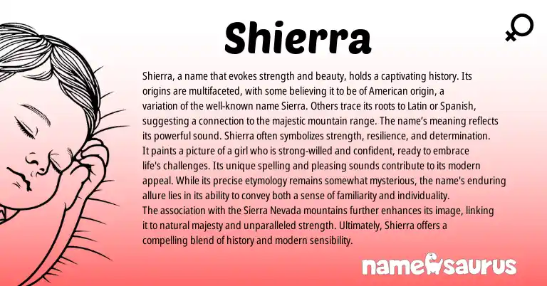 Infographic about Shierra name meaning, Shierra is a name from Latin, Spanish origin(s).
