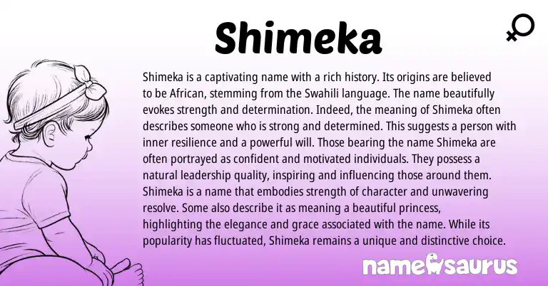 Infographic about Shimeka name meaning, Shimeka is a name from Romanian, African, Swahili origin(s).