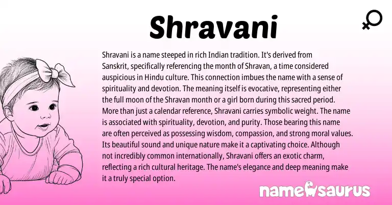 Infographic about Shravani name meaning, Shravani is a name from Indian, Hindu, Sanskrit origin(s).
