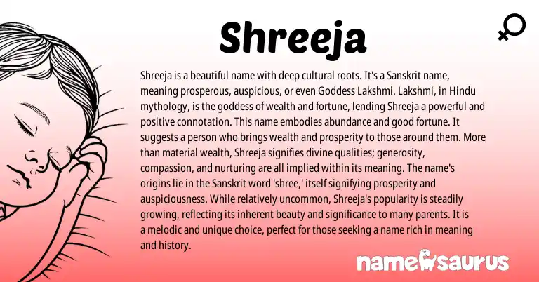 Infographic about Shreeja name meaning, Shreeja is a name from Indian, Sanskrit origin(s).