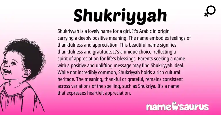 Infographic about Shukriyyah name meaning, Shukriyyah is a name from Arabic origin(s).