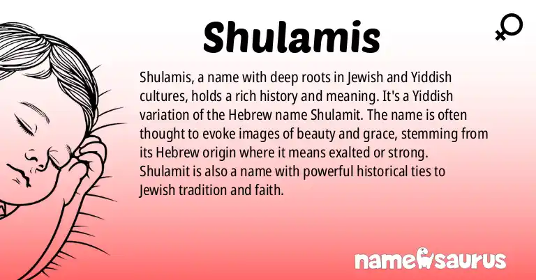 Infographic about Shulamis name meaning, Shulamis is a name from Jewish, Yiddish origin(s).