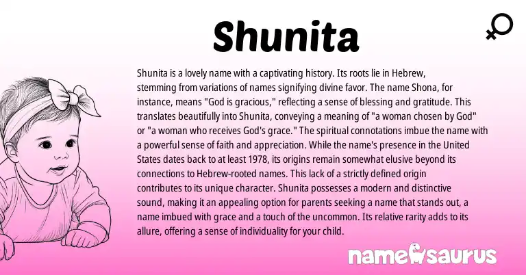 Infographic about Shunita name meaning, Shunita is a name from Shona, Hebrew, American origin(s).