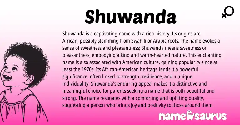 Infographic about Shuwanda name meaning, Shuwanda is a name from Swahili, African, Arabic origin(s).