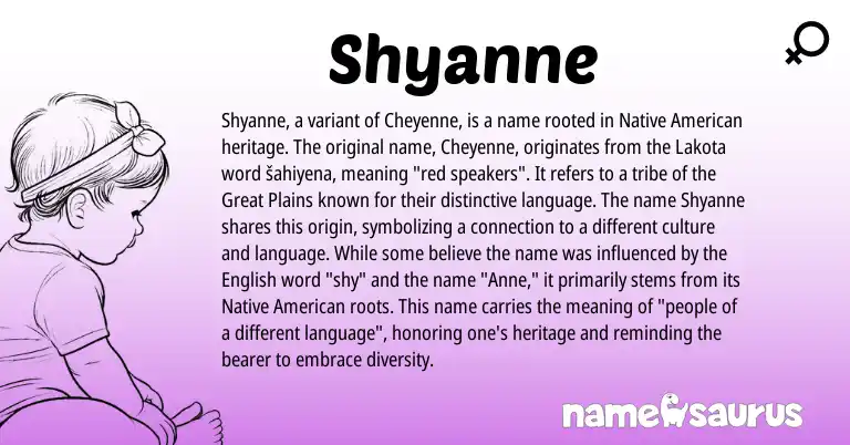 Infographic about Shyanne name meaning, Shyanne is a name from Native American, English, Cheyenne, Lakota origin(s).