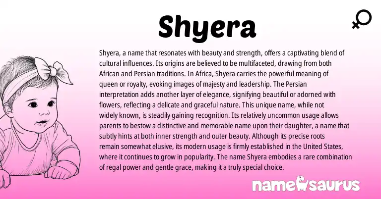 Infographic about Shyera name meaning, Shyera is a name from Persian, African origin(s).