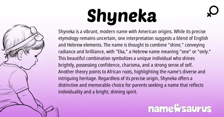 Infographic about Shyneka name meaning, Shyneka is a name from American, Hebrew, English origin(s).
