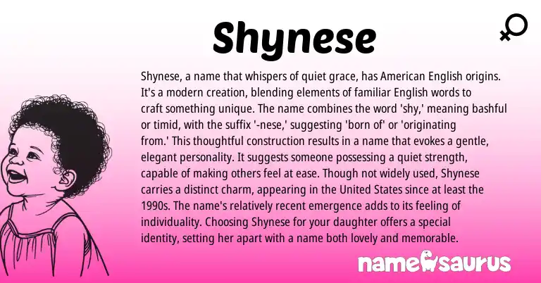 Infographic about Shynese name meaning, Shynese is a name from English origin(s).