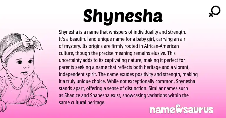 Infographic about Shynesha name meaning, Shynesha is a name from American origin(s).