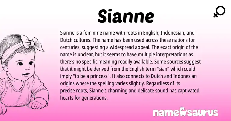 Infographic about Sianne name meaning, Sianne is a name from English, Indonesian, Dutch origin(s).
