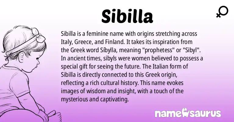 Infographic about Sibilla name meaning, Sibilla is a name from Italian, Greek, Finnish, Swedish origin(s).