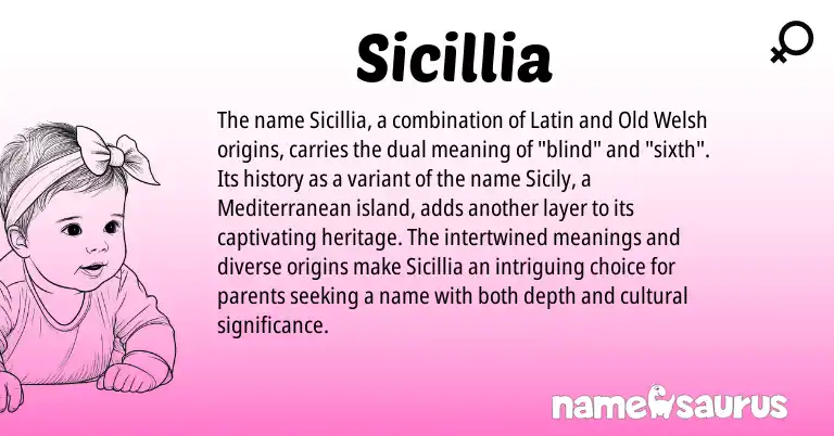 Infographic about Sicillia name meaning, Sicillia is a name from Old Welsh, Latin origin(s).