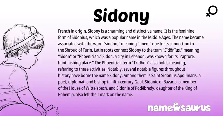 Infographic about Sidony name meaning, Sidony is a name from Phoenician, French, Latin origin(s).