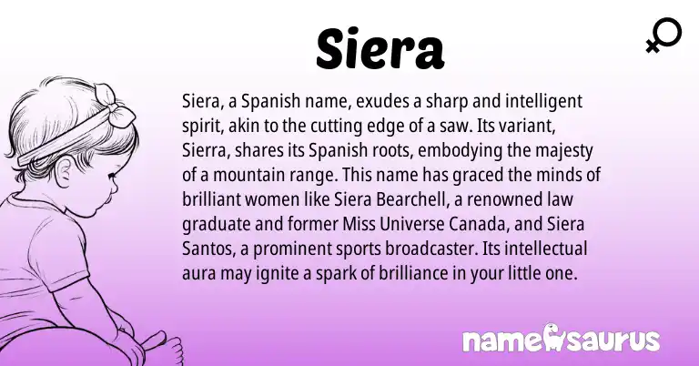 Infographic about Siera name meaning, Siera is a name from Spanish origin(s).