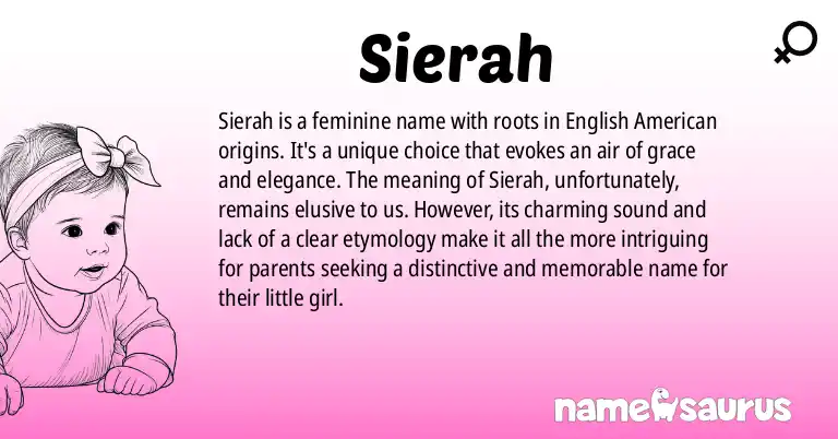 Infographic about Sierah name meaning, Sierah is a name from English (American) origin(s).