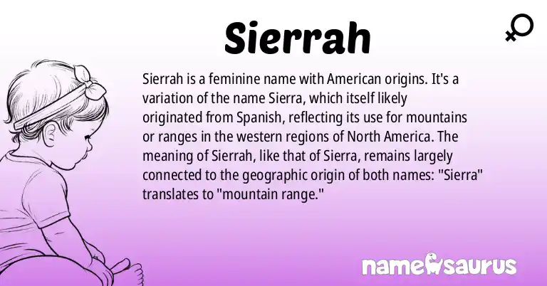 Infographic about Sierrah name meaning, Sierrah is a name from American origin(s).