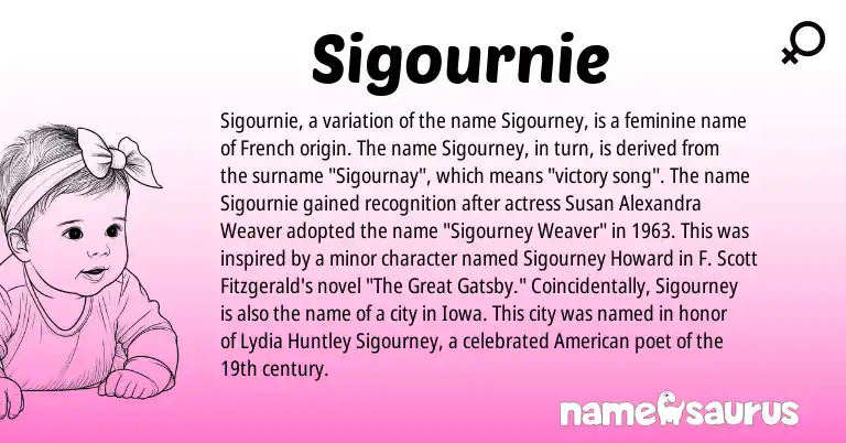 Infographic about Sigournie name meaning, Sigournie is a name from French, American origin(s).
