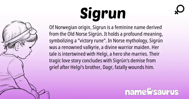 Infographic about Sigrun name meaning, Sigrun is a name from Norwegian, Old Norse, Norse origin(s).