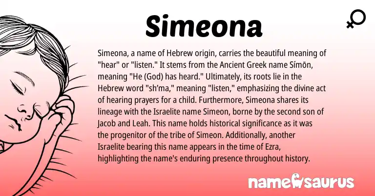 Infographic about Simeona name meaning, Simeona is a name from Ancient Greek, Hebrew origin(s).