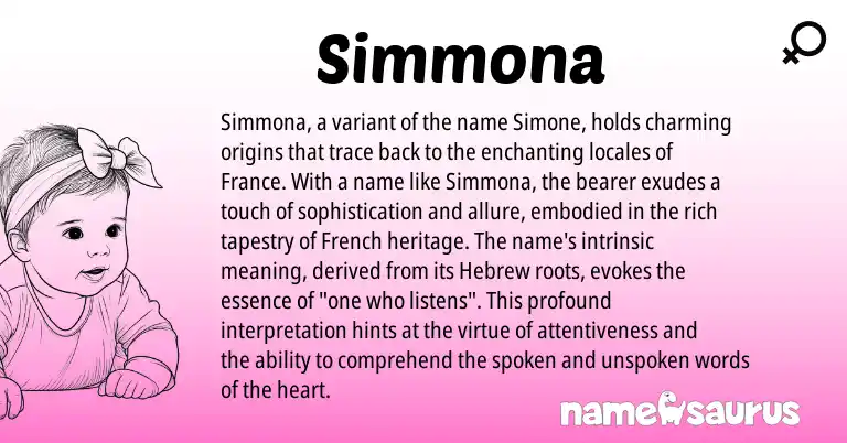 Infographic about Simmona name meaning, Simmona is a name from French, Hebrew origin(s).