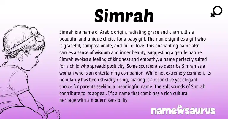 Infographic about Simrah name meaning, Simrah is a name from Arabic origin(s).