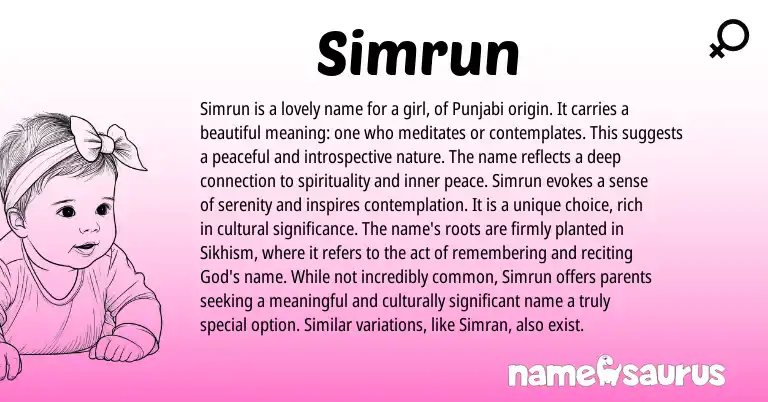 Infographic about Simrun name meaning, Simrun is a name from Punjabi origin(s).