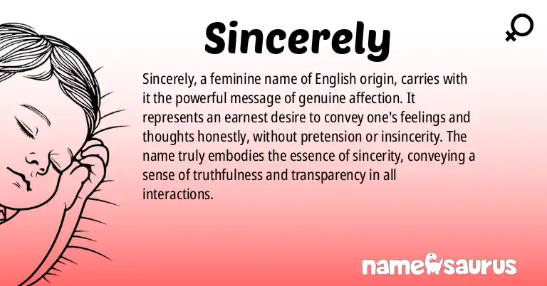 Infographic about Sincerely name meaning, Sincerely is a name from English origin(s).